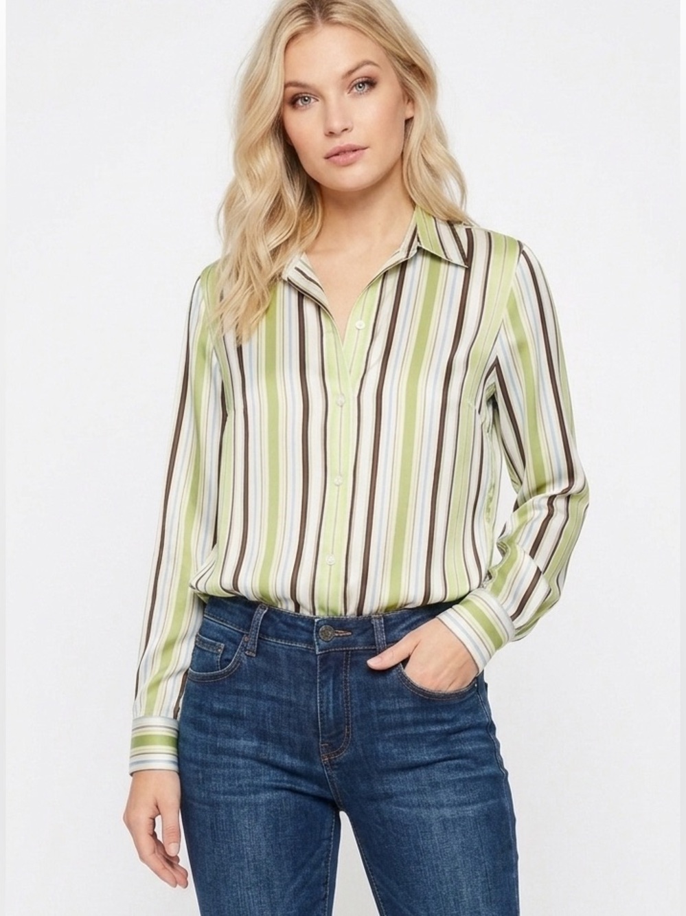 J. Crew Green Striped Satin Blouse Shirt